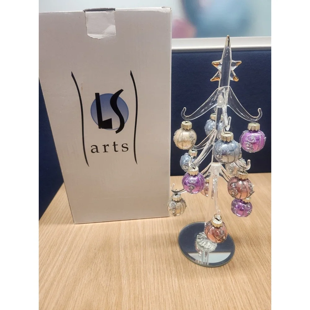 LS Arts Glass/Crystal Christmas Tree‎ W/12 Glass Ornaments Mirrored NEW W/Box